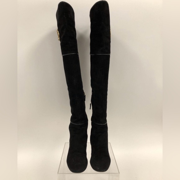 Gucci Black Suede Over-the-Knee Boots with Gold Accent